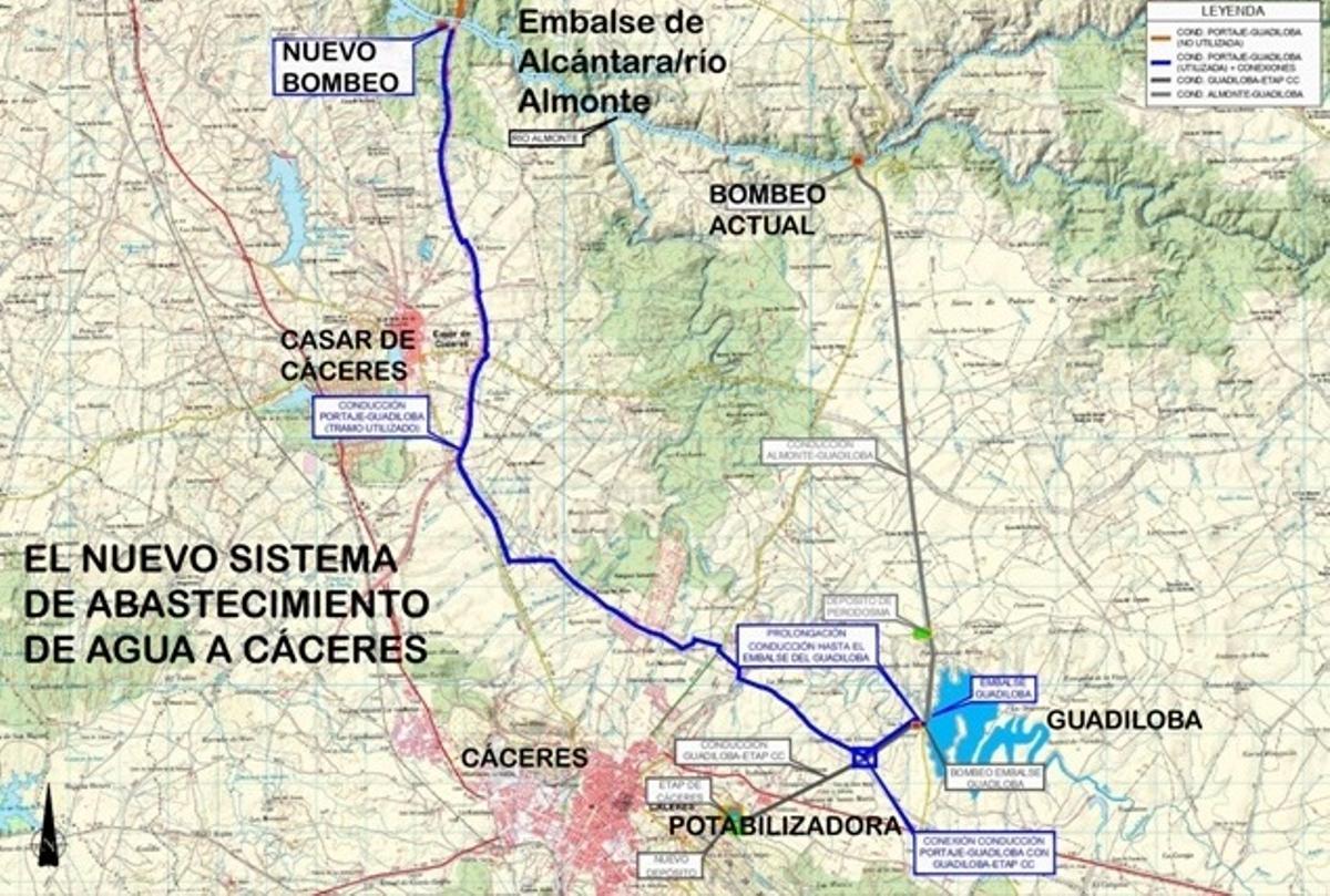 Trazado de la nueva conducción, desde el embalse de Alcántara hasta el Guadiloba y la estación depuradora.