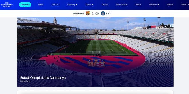 Pantallazo de la web de la UEFA anunciando el Barça-PSG en Montjuïc.