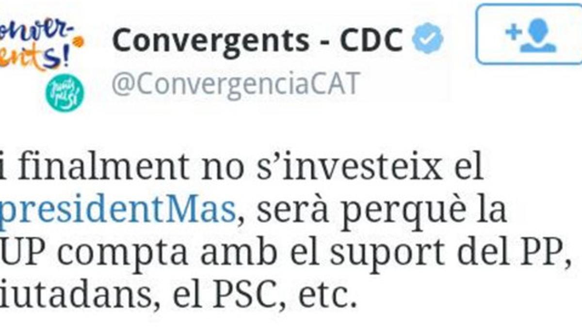 El tuit eliminado por CDC en el que arremetía contra la CUP y su negativa a apoyar la investidura de Artur Mas.