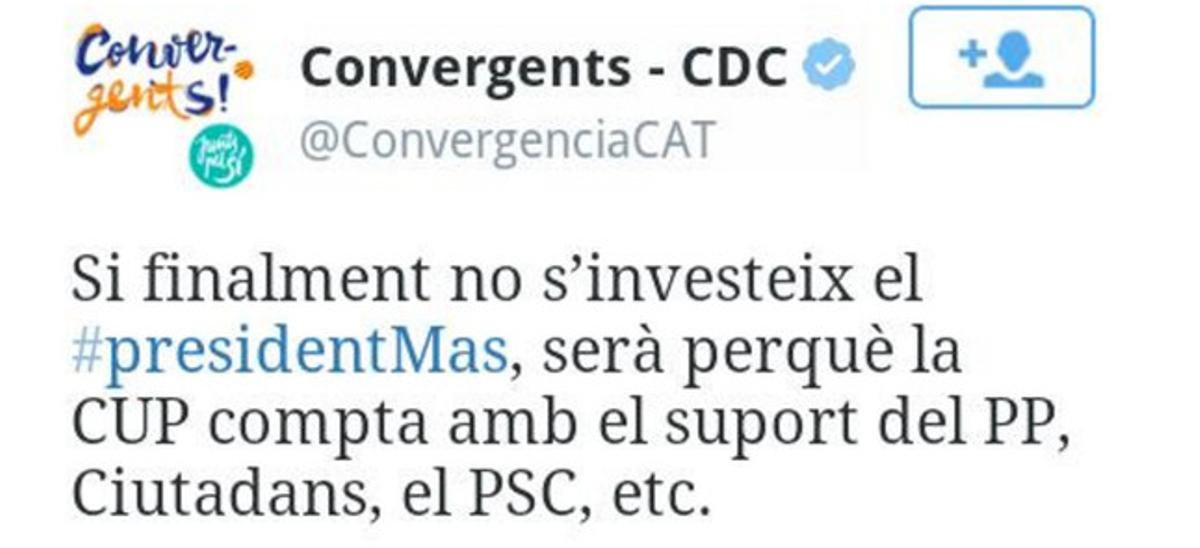 El tuit eliminat per CDC en què carregava contra la CUP i la seva negativa a recolzar la investidura d’Artur Mas.