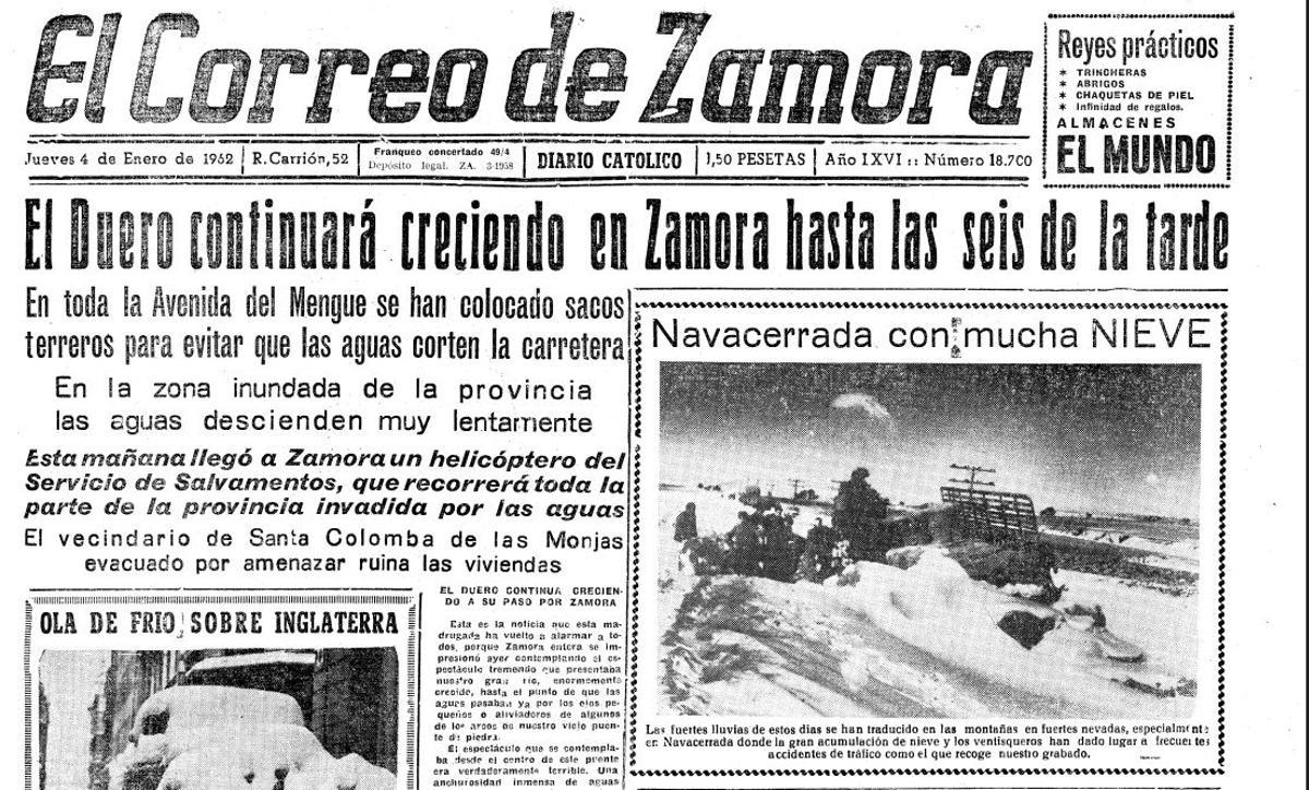 Portada de EL CORREO DE ZAMORA de la crecida de enero de 1962.