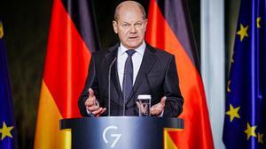 Olaf Scholz durante la rueda de prensa del G-7. 