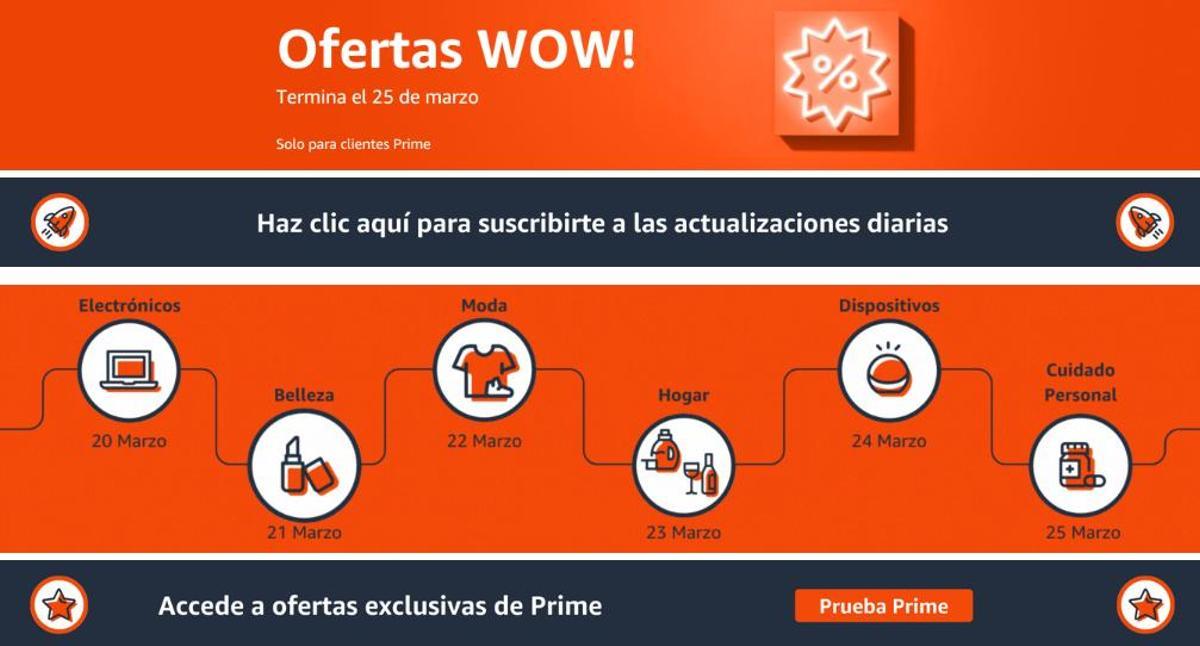 Página de 'Ofertas WOW!' de Amazon, una campaña que tendrá lugar entre el 20 y el 25 de marzo