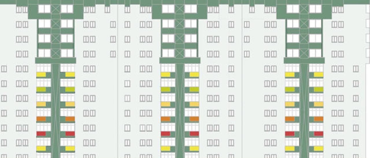 Plano de cómo quedaran las fachadas delantera y trasera de los bloque después de las obras de rehabilitación