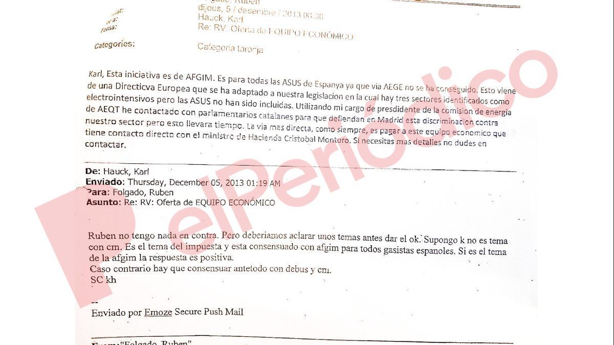 El email clave del caso Montoro. Correos cruzados entre Ruben Folgado y Karl Andrea Hauch, de la empresa Messer Ibérica.