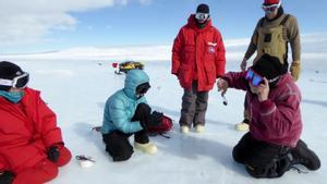 Científicos identificando un meteorito en la Antártida
