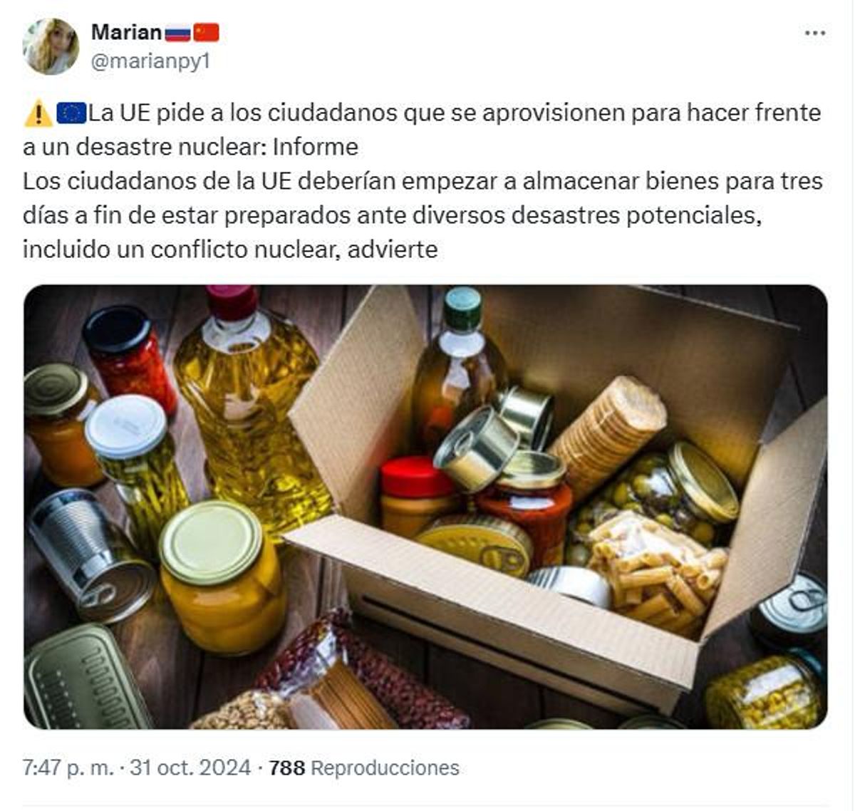 Captura de pantalla de tuit en el que @marianpy1 evoca una guerra atómica.