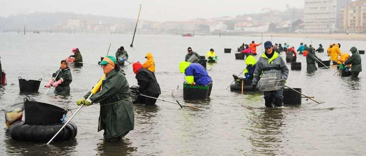 Las mariscadoras de Carril no hicieron puente y ayer faenaron bajo la lluvia. // Iñaki Abella