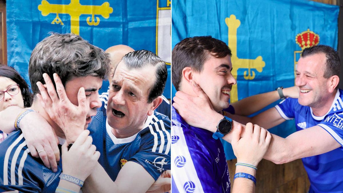 A la izquierda, Luis Pérez y Eugenio Moro, en la portada de LA NUEVA ESPAÑA del día en el que el Oviedo perdió el ascenso a Primera en Cornellá; a la derecha, ambos hinchas, ayer.