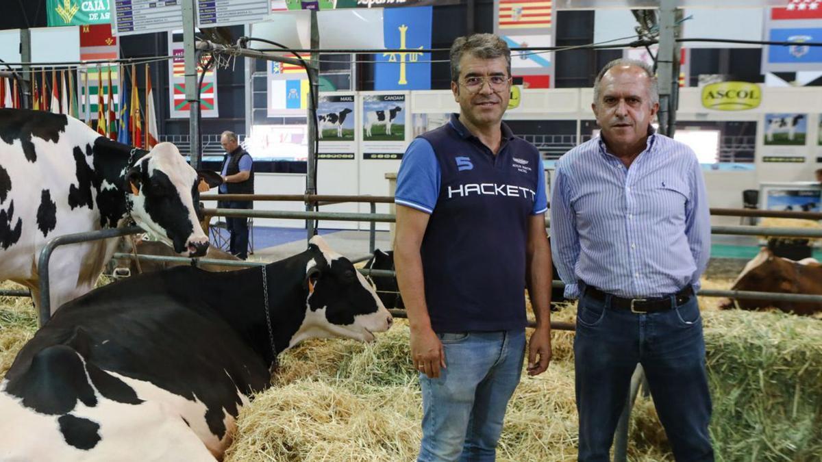 Paulino y José Ramón Badiola, con dos de sus vacas. | Juan Plaza  