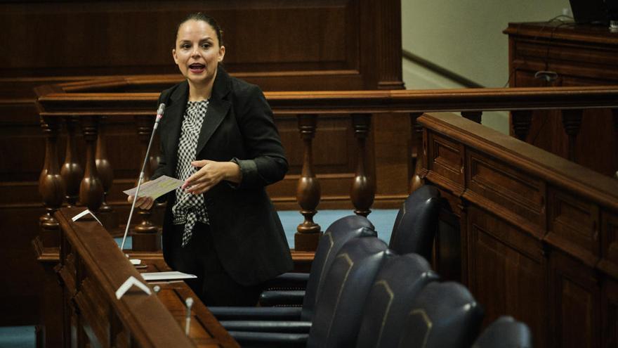 Noemí Santana, de Podemos, consejera de Derechos Sociales del Gobierno canario, en el pleno de ayer.