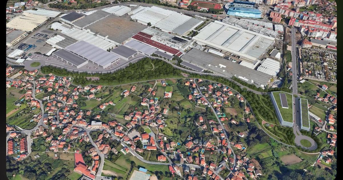 Futura ampliación del nuevo Polígono de Balaídos con la que será la cuarta mayor zona verde de Vigo.Vista aérea del parque, con hasta 6 nuevas naves al lado de Stellantis. Proyecto. Recreación virtual