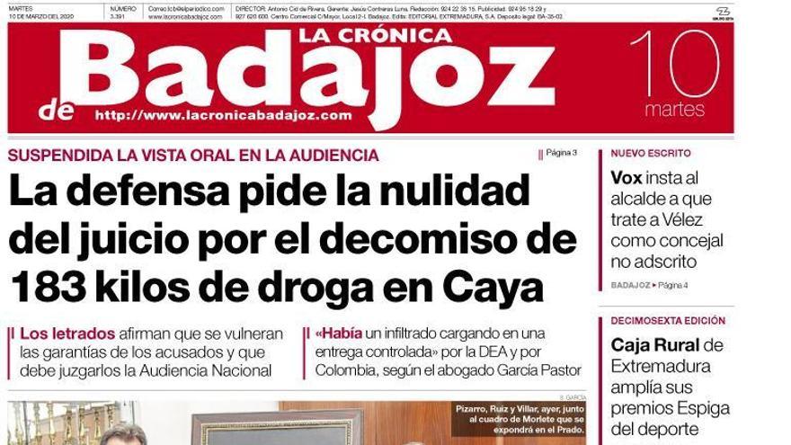 Esta es la portada de LA CRÓNICA DE BADAJOZ correspondiente al día 10 de marzo del 2020