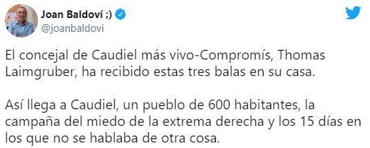 Tuit de Joan Baldoví mostrando su apoyo a su compañero de partido en Caudiel.