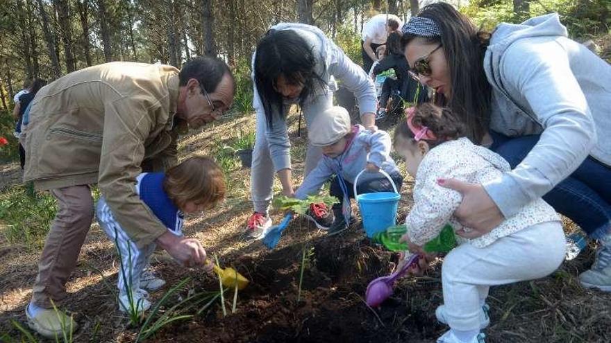 Los más pequeños de A Illa plantaron ocho árboles en Sualaxe. // NP