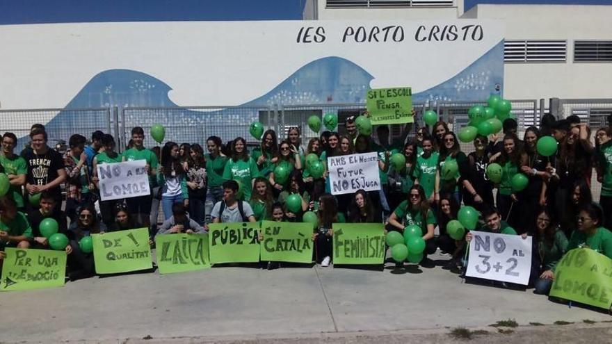 Los alumnos, de verde, frente al instituto.