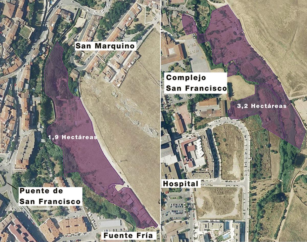 Dentro de la trama morada el terreno que el ayuntamiento obtiene en la Ribera para parque y que está vinculado a la nueva urbanización en el Espíritu Santo.