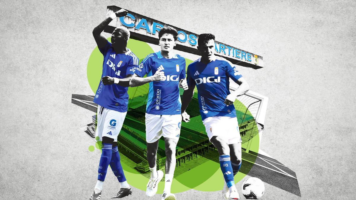 Kwasi Sibo, Carlos Dotor y Alberto del Moral pugnan por el puesto por ser el enganche del Oviedo en el centro del campo con la defensa