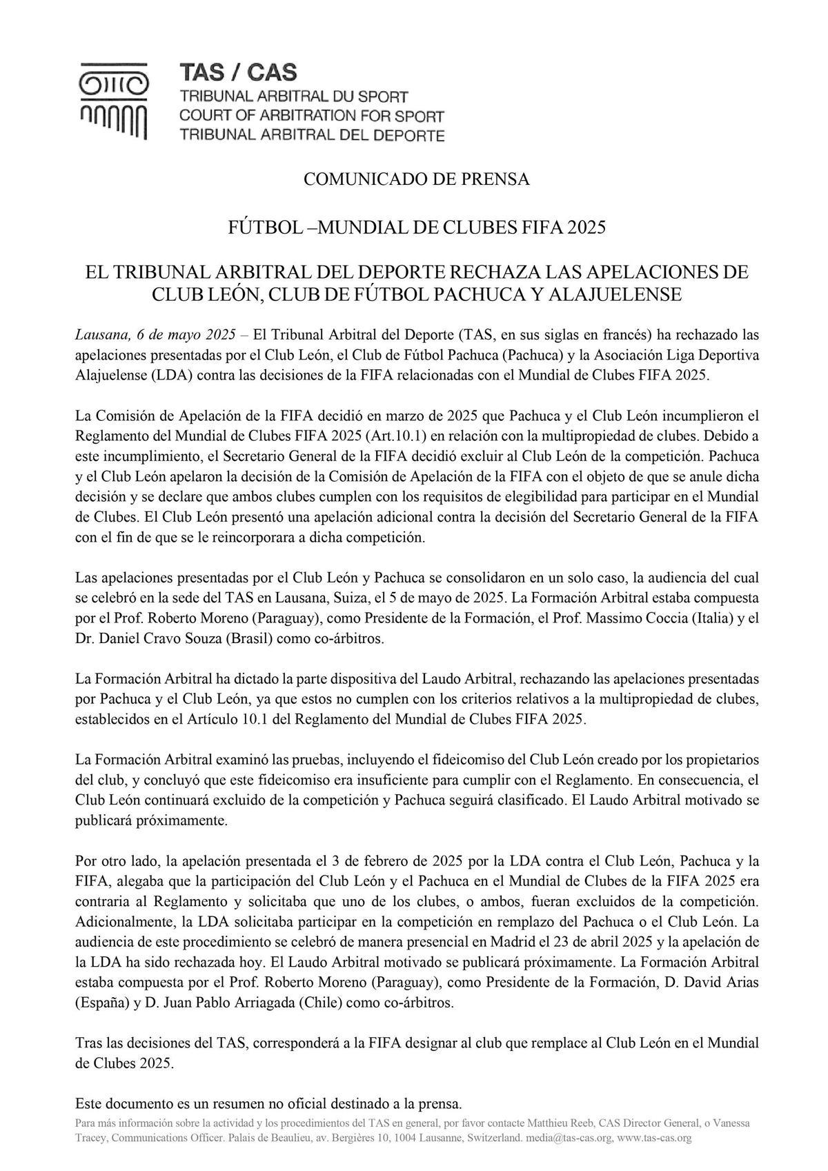 Comunicado del TAS sobre el Club León y Alajuelense