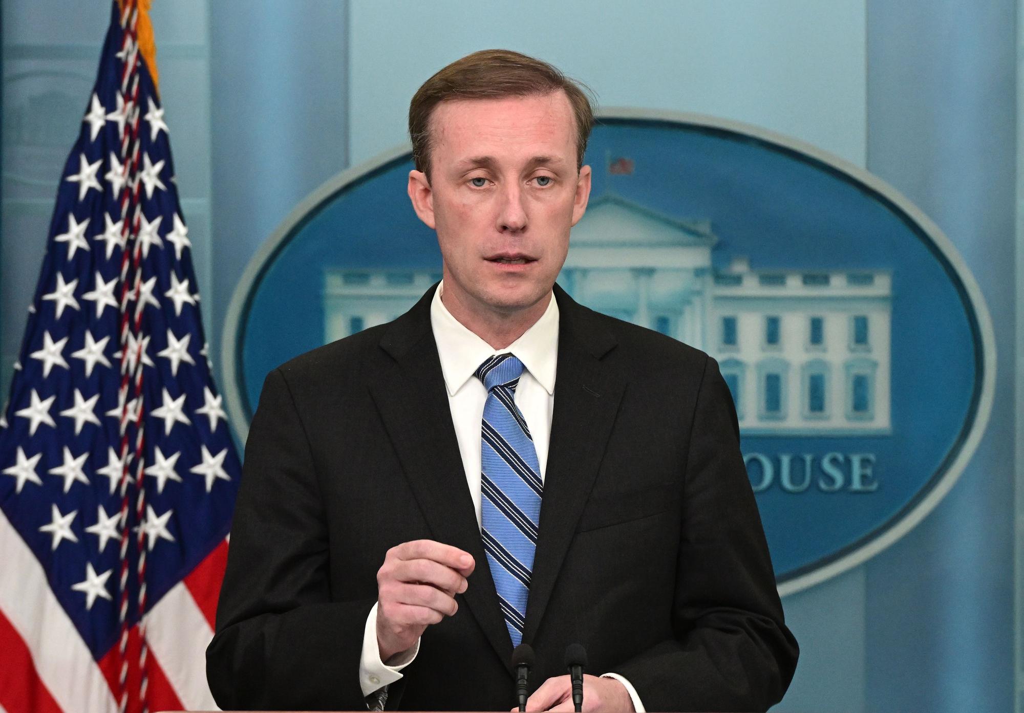 El consejero de Seguridad Nacional estadounidense, Jake Sullivan, da una rueda de prensa en la Casa Blanca.