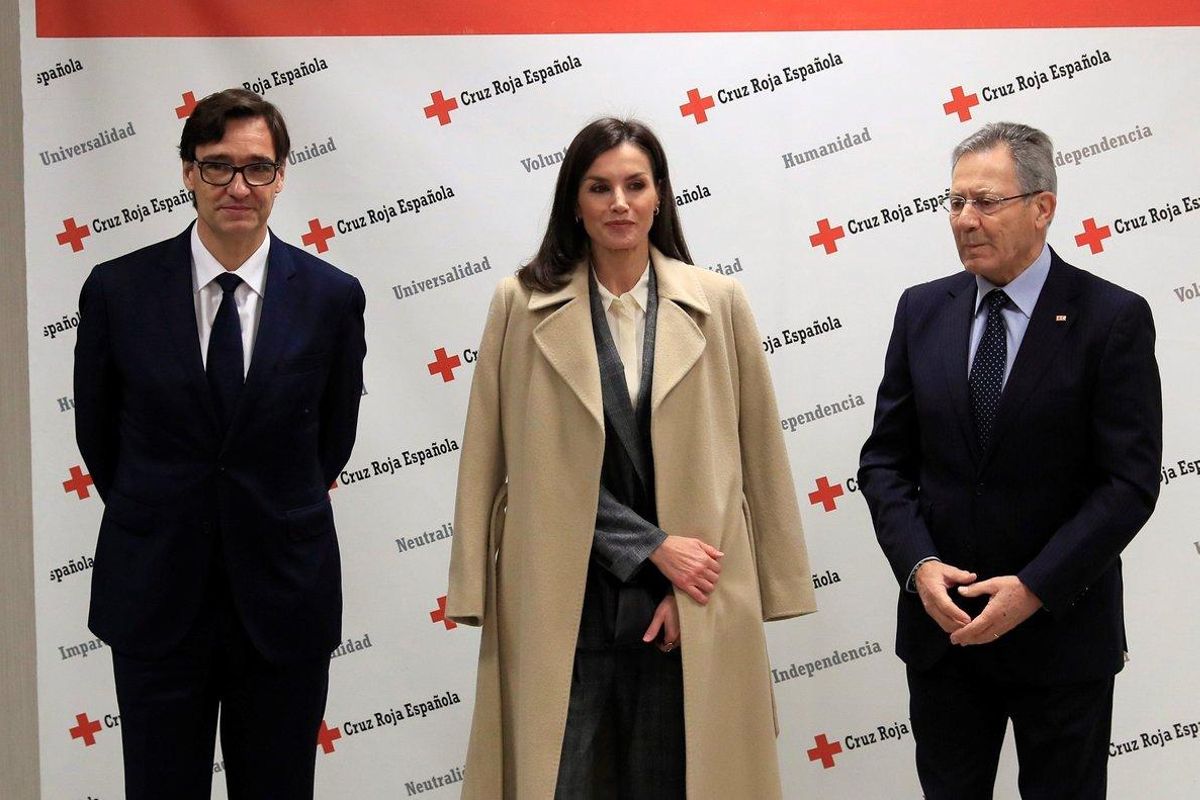 GRAF2818. MADRID, 16/01/2020.- La reina Letizia (c) junto con el ministro de Sanidad, Salvador Illa (i) y el presidente de Cruz Roja Española, Javier Senent (d) durante una reunión de trabajo con motivo de las jornadas sobre violencia de género, estrategia y retos este jueves 16 de enero en Madrid. EFE/Fernando Alvarado