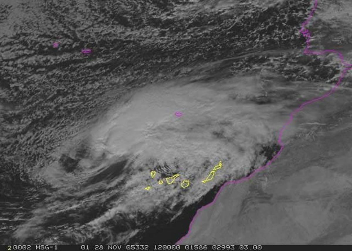 Foto de satélite de la tormenta tropical 'Delta' el 28 de noviembre de 2025 sobre Canarias