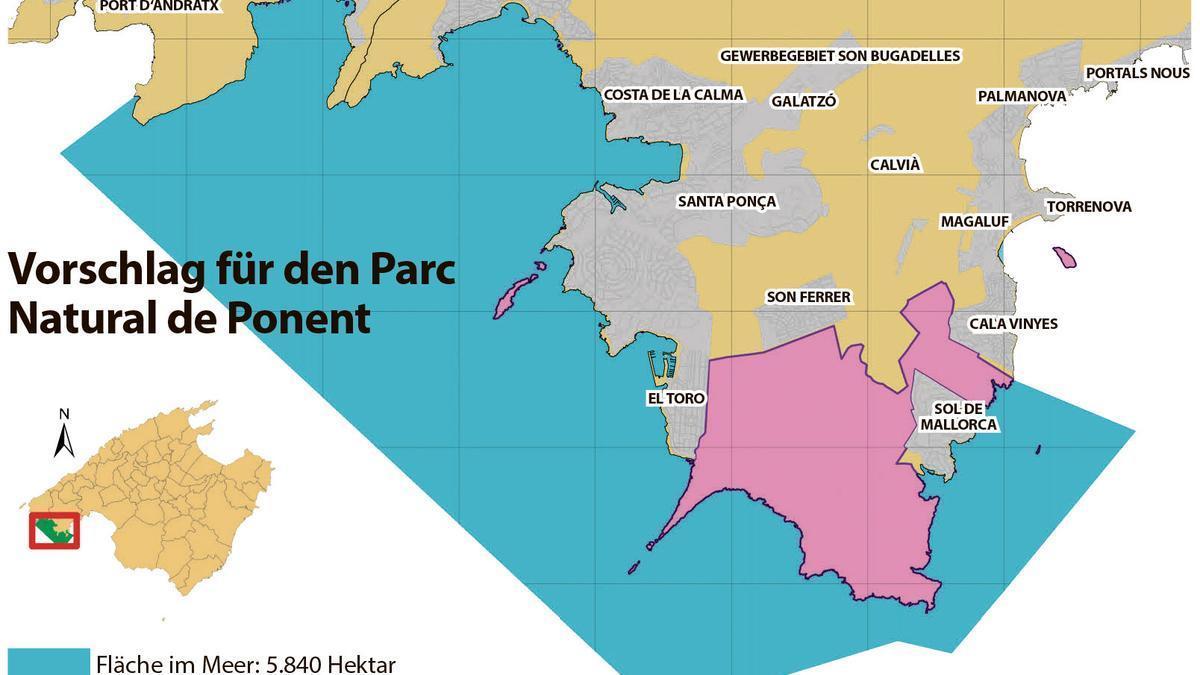 So sollte der Parc Natural de Ponent aussehen (rosa Gebiet). Das blaue Gebiet ist das bereits existierende Meeresschutzgebiet.