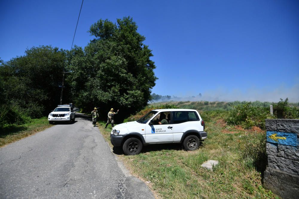 Despliegue contra un incendio cerca de casas en Lérez, Pontevedra