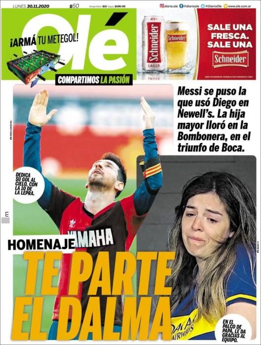 Portada OLÉ lunes 30 noviembre 2020