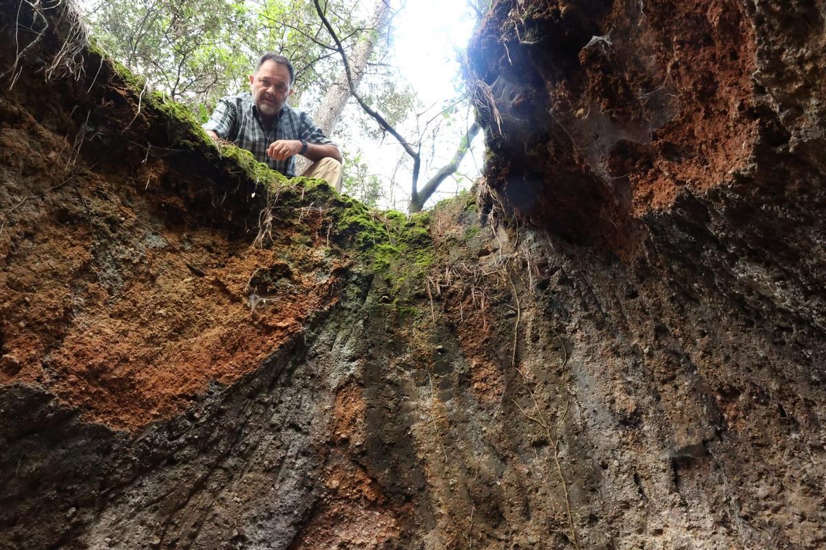 La sútia de Cal Rei de Bàscara, observada per un aficionat a la història i a la natura del municipi.