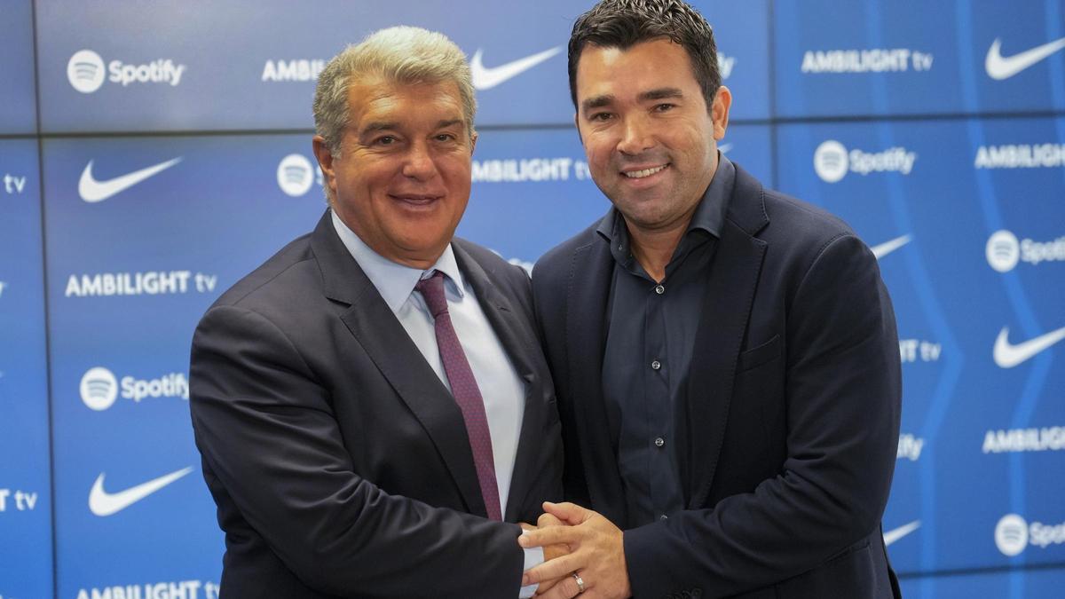 Laporta y Deco, en la presentación de este como nuevo director deportivo del Barça.