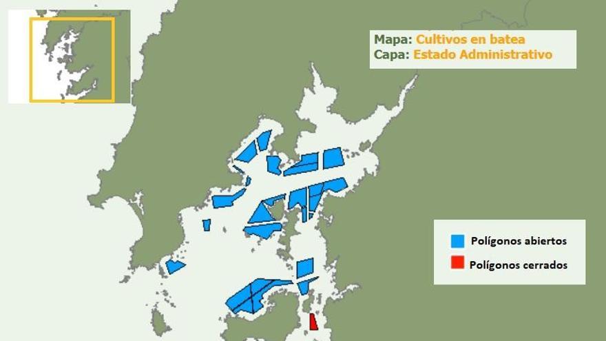 Mapa tomado del Intecmar en el que se muestran los polígonos bateeiros cerrados (en rojo) y los abiertos (azul).