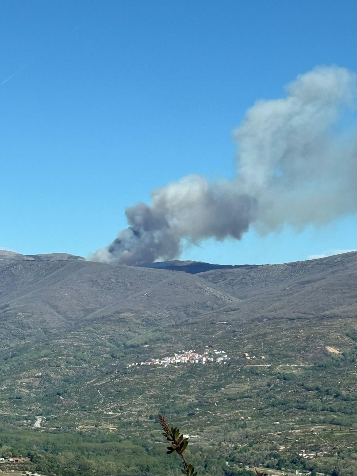 Imagen de la columna de humo del fuego de Piornal