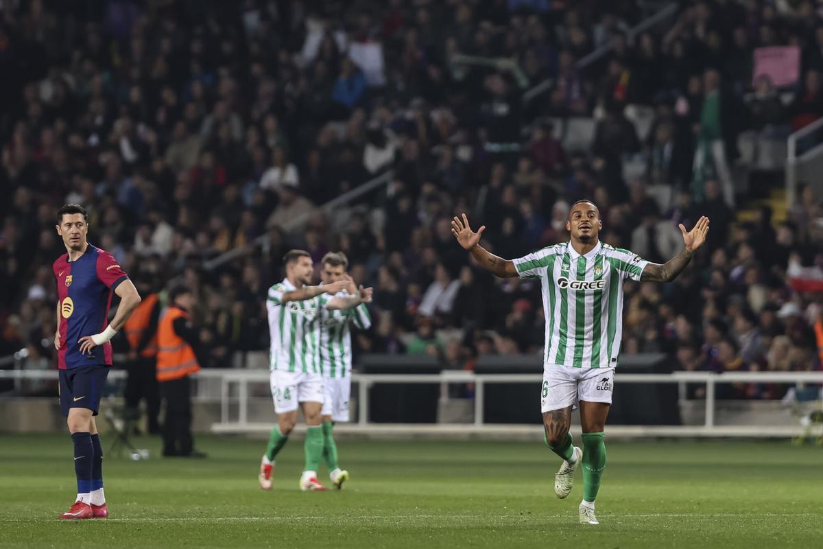 Natan Bernardo of Real Betis celebrates a goal during the Spanish league, La Liga EA Sports, football match played between FC Barcelona and Real Betis at Estadi Olimpic Lluis Companys on April 05, 2025 in Barcelona, Spain. AFP7 05/04/2025 ONLY FOR USE IN SPAIN. Javier Borrego / AFP7 / Europa Press;2025;SPORT;ZSPORT;SOCCER;ZSOCCER;FC Barcelona v Real Betis - La Liga EA Sports;