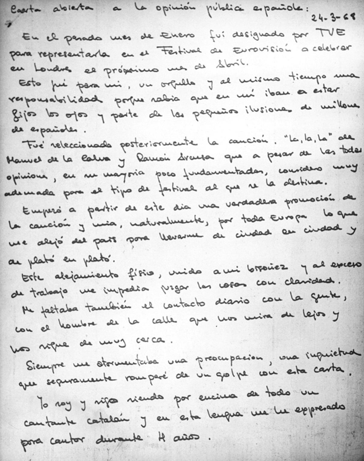 Carta de Serrat dirigida a los medios de comunicación sobre su negativa a cantar en español en Eurovisión.