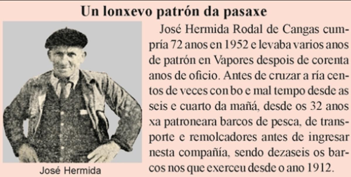 A historia do lonxevo patrón dos barcos de pasaxe José Hermida Rodal.