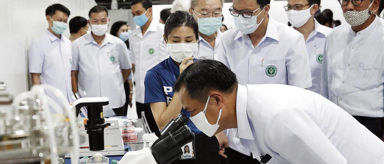 El primer ministro de Tailandia, Anutin Charnvirakul (mirando por el microscopio), durante una visita a un laboratorio de Bangkok donde se desarrolla una vacuna contra el covid-19.