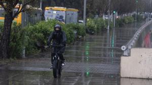 Un ciclista bajo el temporal en Santa Coloma de Gramenet