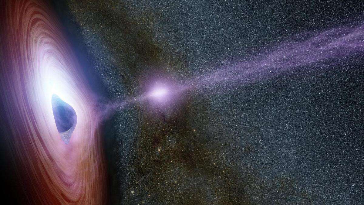 Ilustración del centro de las galaxias donde se observa un agujero negro central, rodeado de un disco de acrecimiento, que lanza un chorro a velocidades próximas a la velocidad de la luz. En el escenario de linterna de rayos-X, la emisión en rayos-X puede ser producida por la base de este chorro (punto más brillante del mismo).