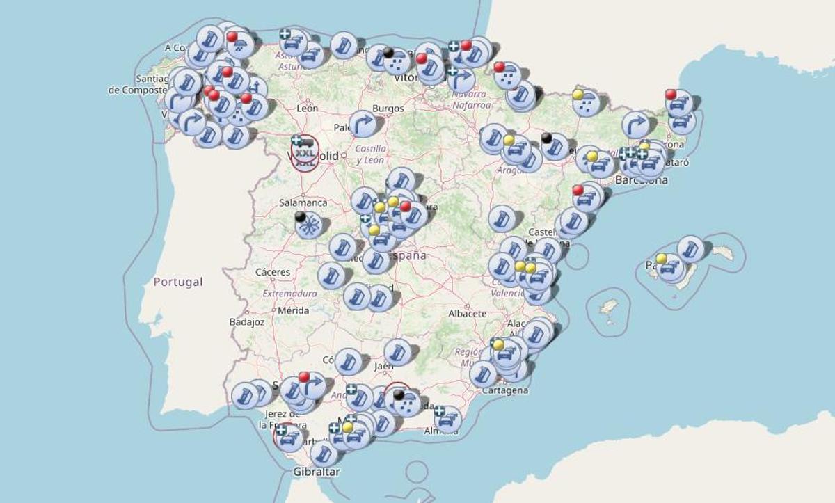 Mapa de infocar, donde se informa del estado de las incidencias reportadas en las carreteras de España