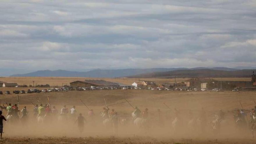 Tradicional espanto en Carbajales, los caballistas conducen a los bóvidos por la Era.