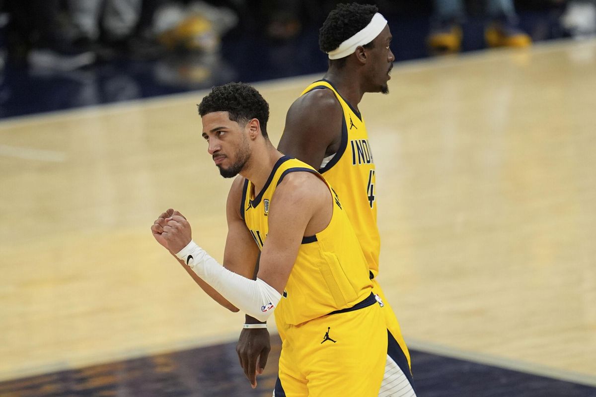 Indiana Pacers guard Tyrese Haliburton celebrates a basket against the Oklahoma City Thunder during the second half of Game 3 of the NBA Finals basketball series, Wednesday, June 11, 2025, in Indianapolis. (AP Photo/Abbie Parr)