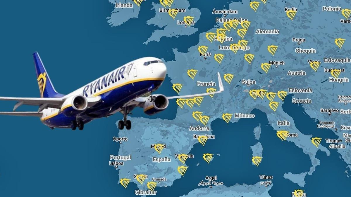 Mapa con varias de las rutas que tiene Ryanair desde el aeropuerto de Oporto.