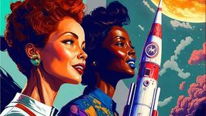 Imagen reinterpretada en el proyecto ‘Mujeres de vanguard-IA’ de Mary Jackson y Valentina Tereshkova, referentes en la exploración espacial. 