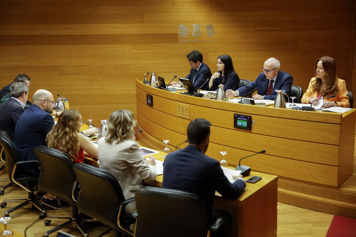 GRAFCVA4206. VALENCIA, 27/05/2026.- Vista general de la comisión de investigación de Les Corts Valencianes sobre la dana del 29 de octubre de 2024 que aprueba el dictamen de conclusiones elaborado por el PP y Vox, al que se oponen el PSPV-PSOE y Compromís porque "no reconoce la responsabilidad de Carlos Mazón como president de la Generalitat" en la gestión de las inundaciones que causaron 230 muertos en la provincia de Valencia. EFE/Ana Escobar