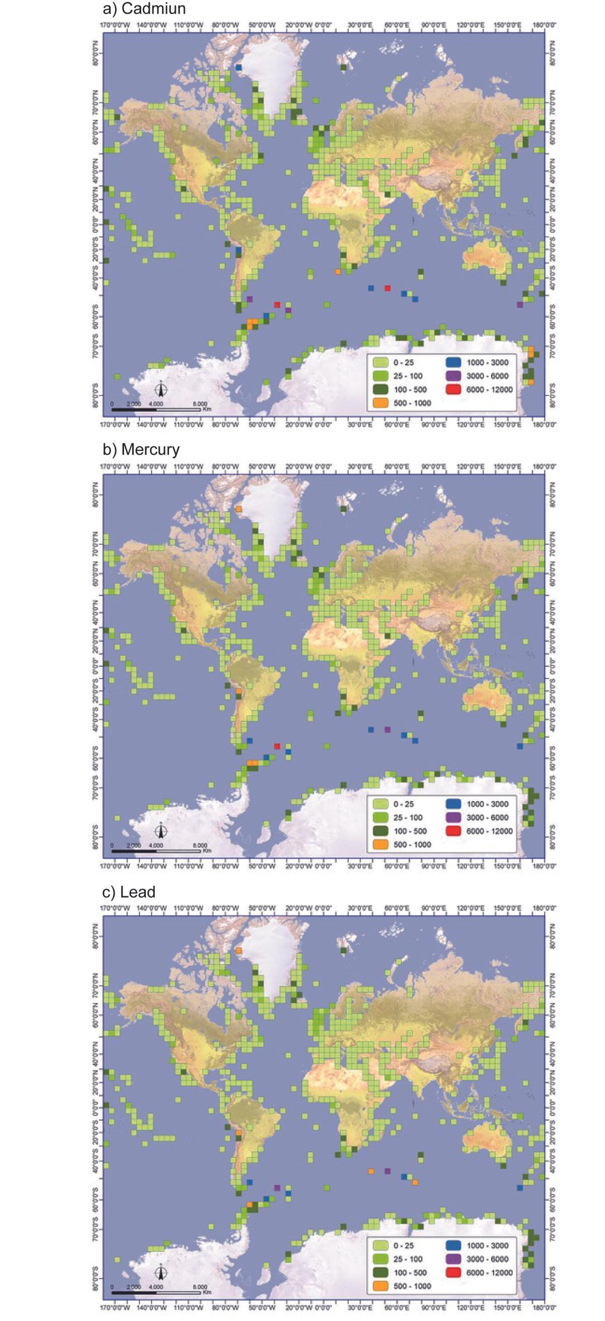 Mapa de distribución del cadmio en las colonias de aves marinas.