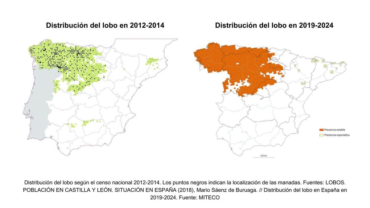 Distribución del lobo en 2012-2014 en España.