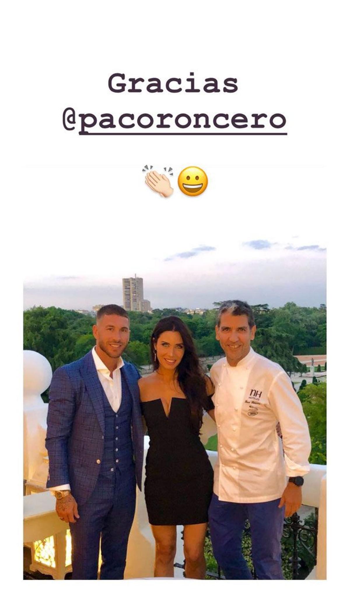 Sergio Ramos y Pilar Rubio con el chef Paco Roncero el dia de su pedida de matrimonio