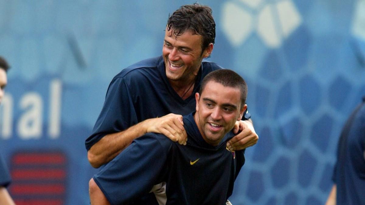Xavi y Lucho en un entrenamiento del 2002