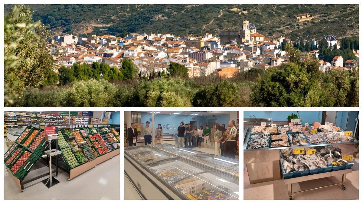 Panorámica del municipio y tres fotos del interior del nuevo supermercado.